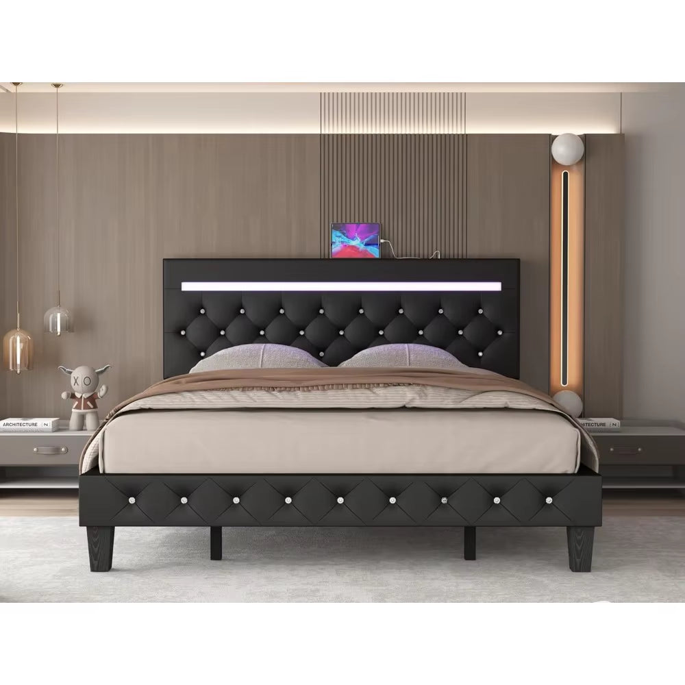 Full Size Bed Frame with LED Lights, Upholstered Platform Bed Frame with Adjustable Headboard and Charging Station.