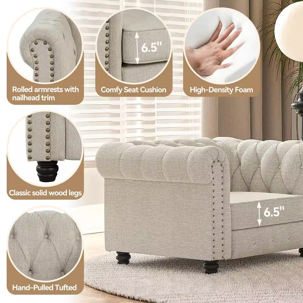 Chesterfield Couches for Living Room, Chair Loveseat and Sofa 3-Pieces Beige Linen Living Room Set with Rolled Arm