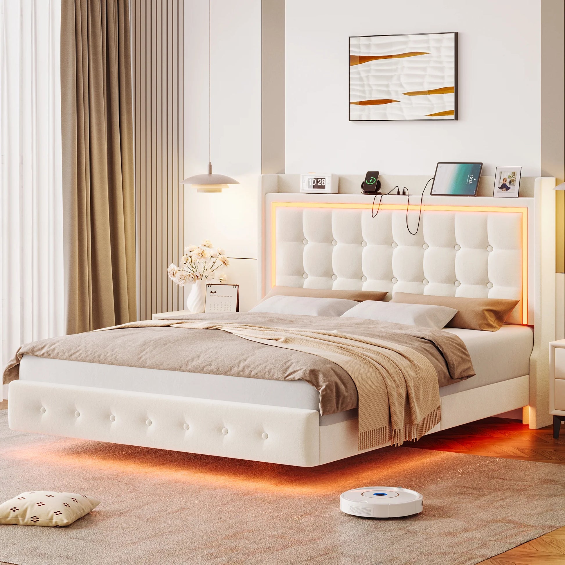 Full Size Floating Bed with RGB LED Lights Charging Station, Velvet Upholstered Platform Bed with Storage Headboard, Off-White