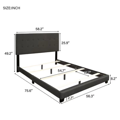 Full Size Upholstered Bed Frame Linen Stitch Tufted Platform Bed with Slat Support (Gray) for Bedroom Easy Assembly