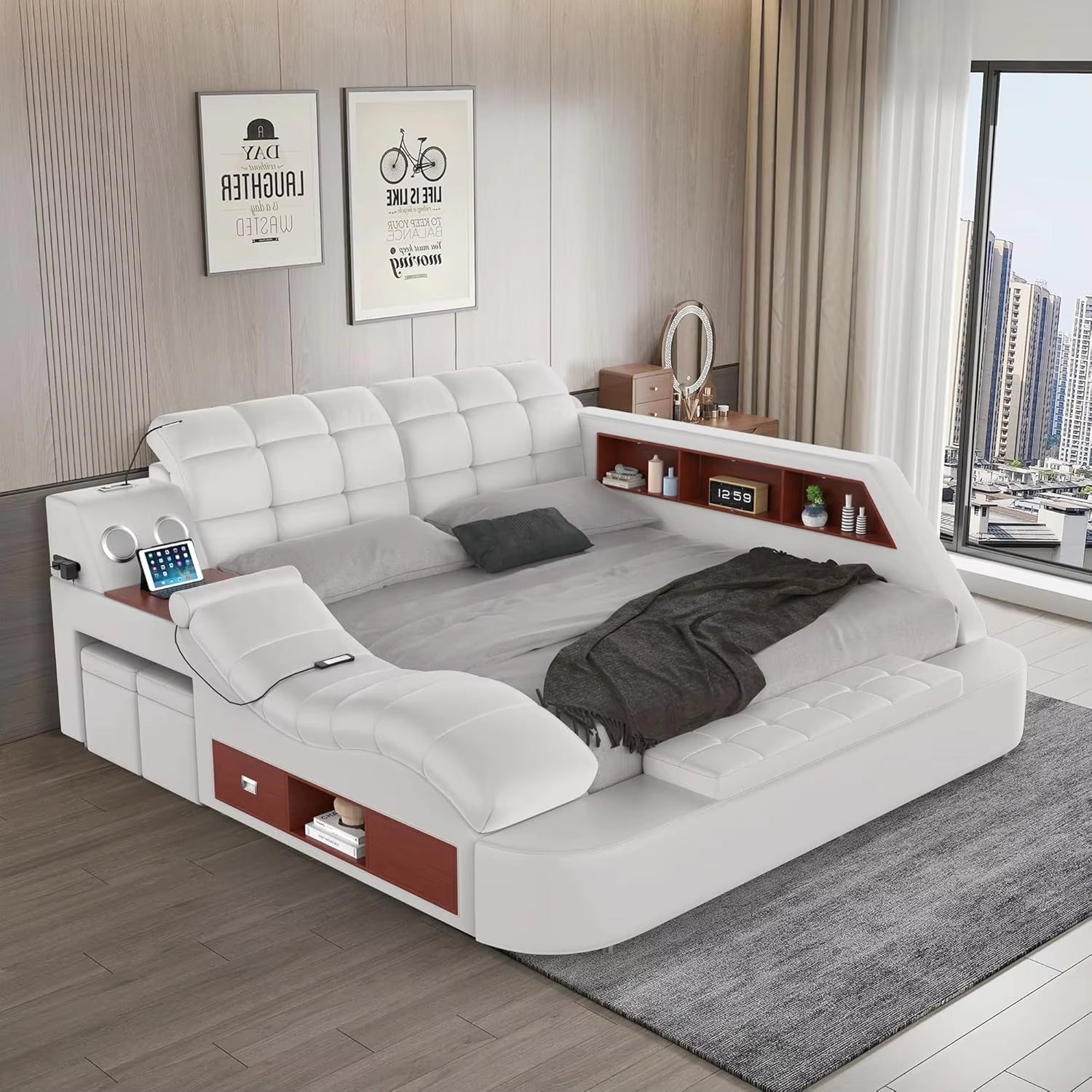 Luxury Smart King Bed Frame, Multifunction Bed Frame with Massage Recliner/Bluetooth Speaker/Usb Charging Station/Storage Drawer