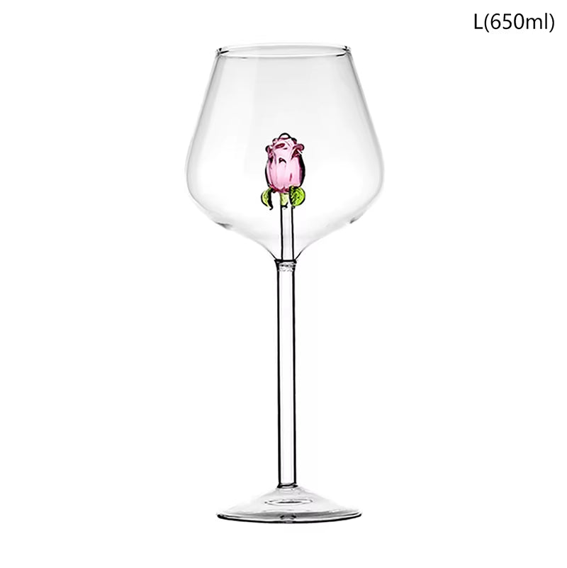 Creative 3D Pink Glass Rose Build-In Red White Wine Glasses Cup Drinkware Goblet Champagne Flute Household Lovely Valentine Gift