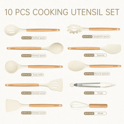 10 Pcs Silicone Cooking Utensils Set for Kitchen with Wooden Handle