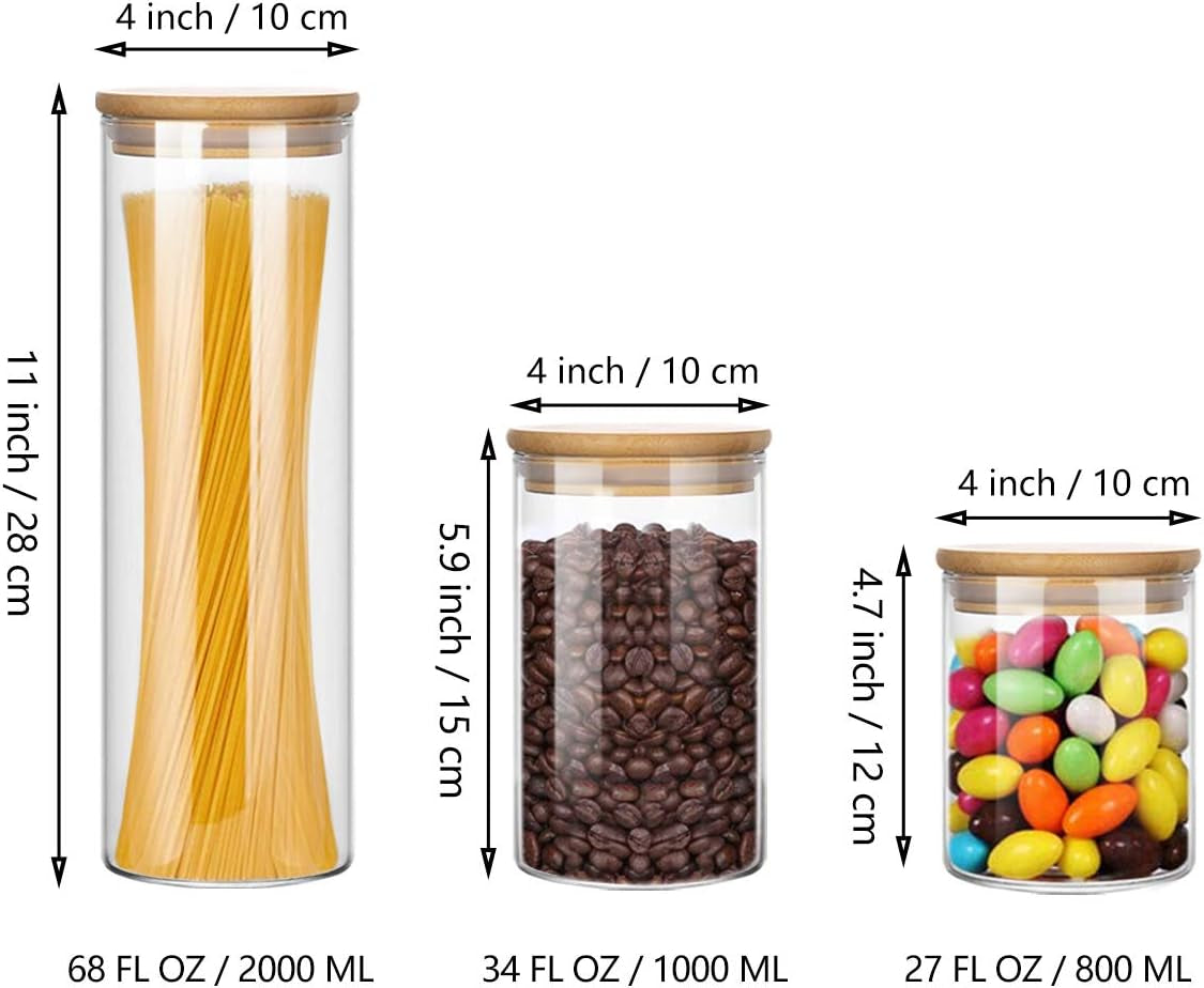 Glass Jars for Food Storage, Airtight Glass Food Canisters for Home and Kitchen, BPA Free Containers with Bamboo Lids for Candy, Rice, Coffee, Tea, Cookie, Sugar, Flour, Pasta, Nuts, 6 Pack