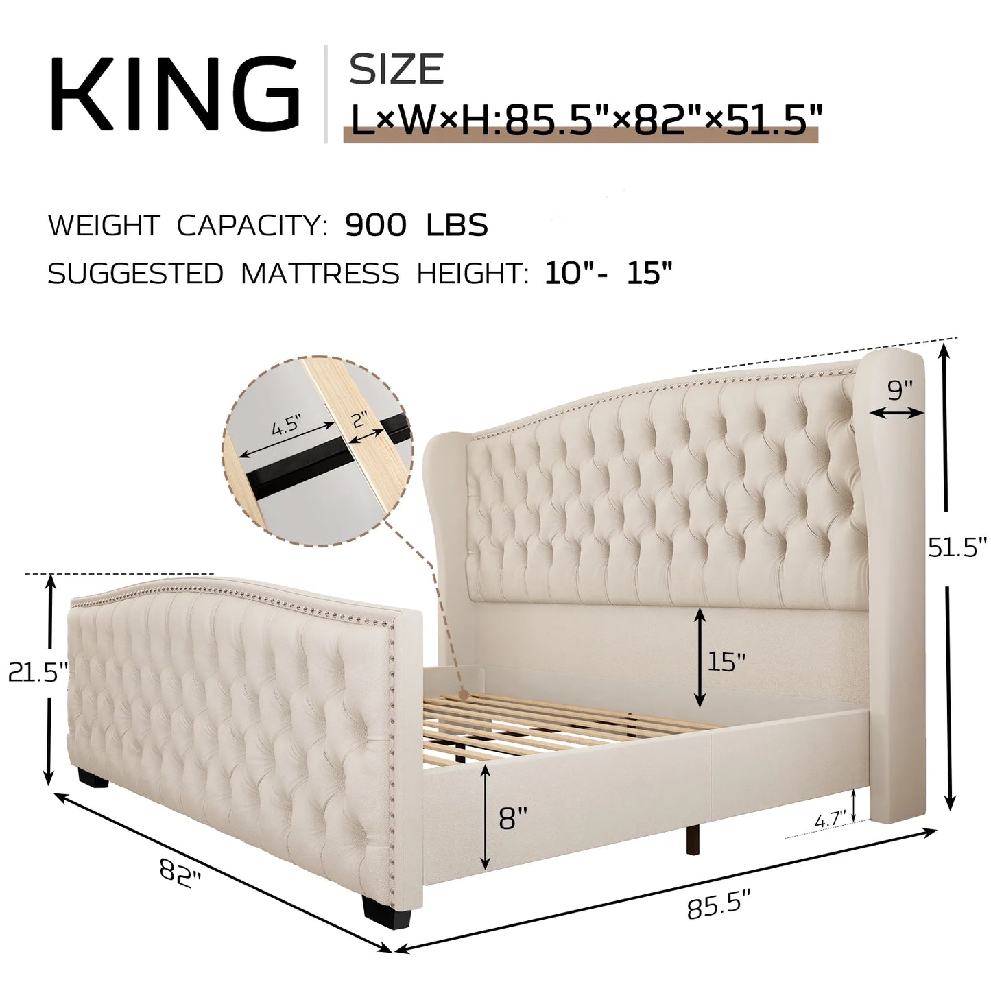 King Platform Bed Frame with Wingback Headboard, Cream