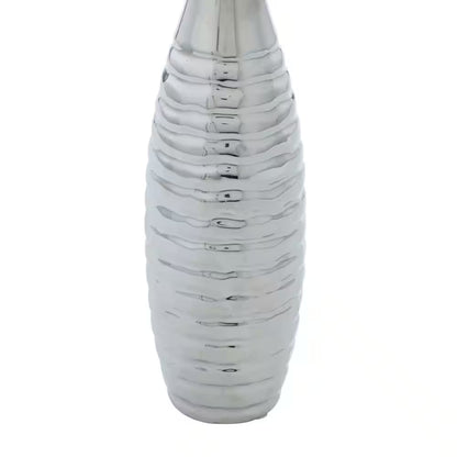 3 In., 12 In. Silver Slim Textured Bottleneck Ceramic Decorative Vase with Varying Patterns (Set of 3)