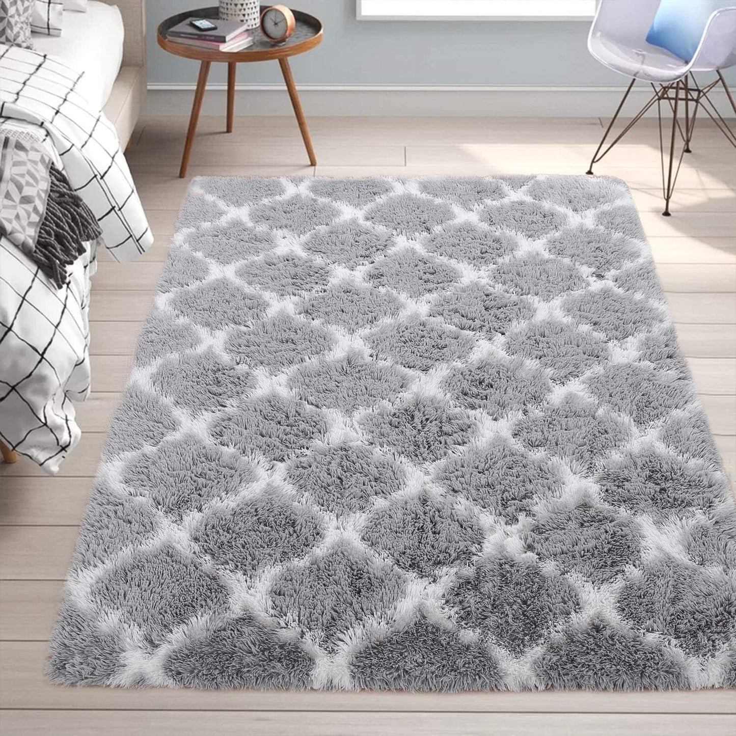 Fluffy Rug Modern Indoor Plush Bedroom Rug, Luxury Fuzzy Living Room Area Rug, Soft Geometric Moroccan Carpets for Boys Girls Kids Nursery Room 4X6, Grey