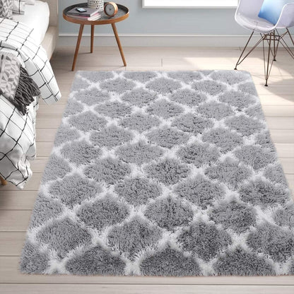 Fluffy Rug Modern Indoor Plush Bedroom Rug, Luxury Fuzzy Living Room Area Rug, Soft Geometric Moroccan Carpets for Boys Girls Kids Nursery Room 4X6, Grey