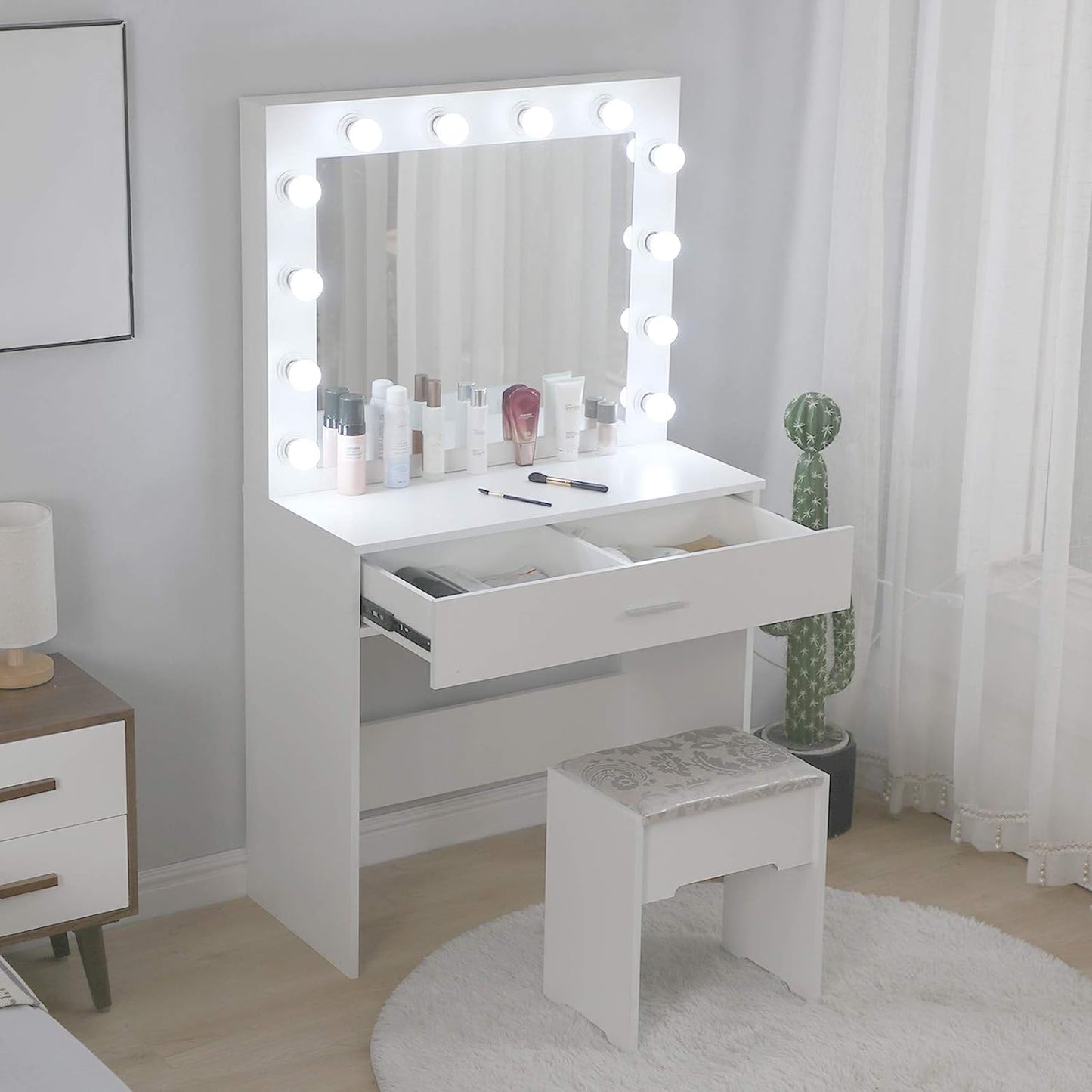 Vanity Table/Vanity Benches,Makeup Vanity Mirror with 12 Lights and Table Set for Bedroom,Vanity Desk with Drawers,Black/White Dresser,Vanity Chair (A-White), 321