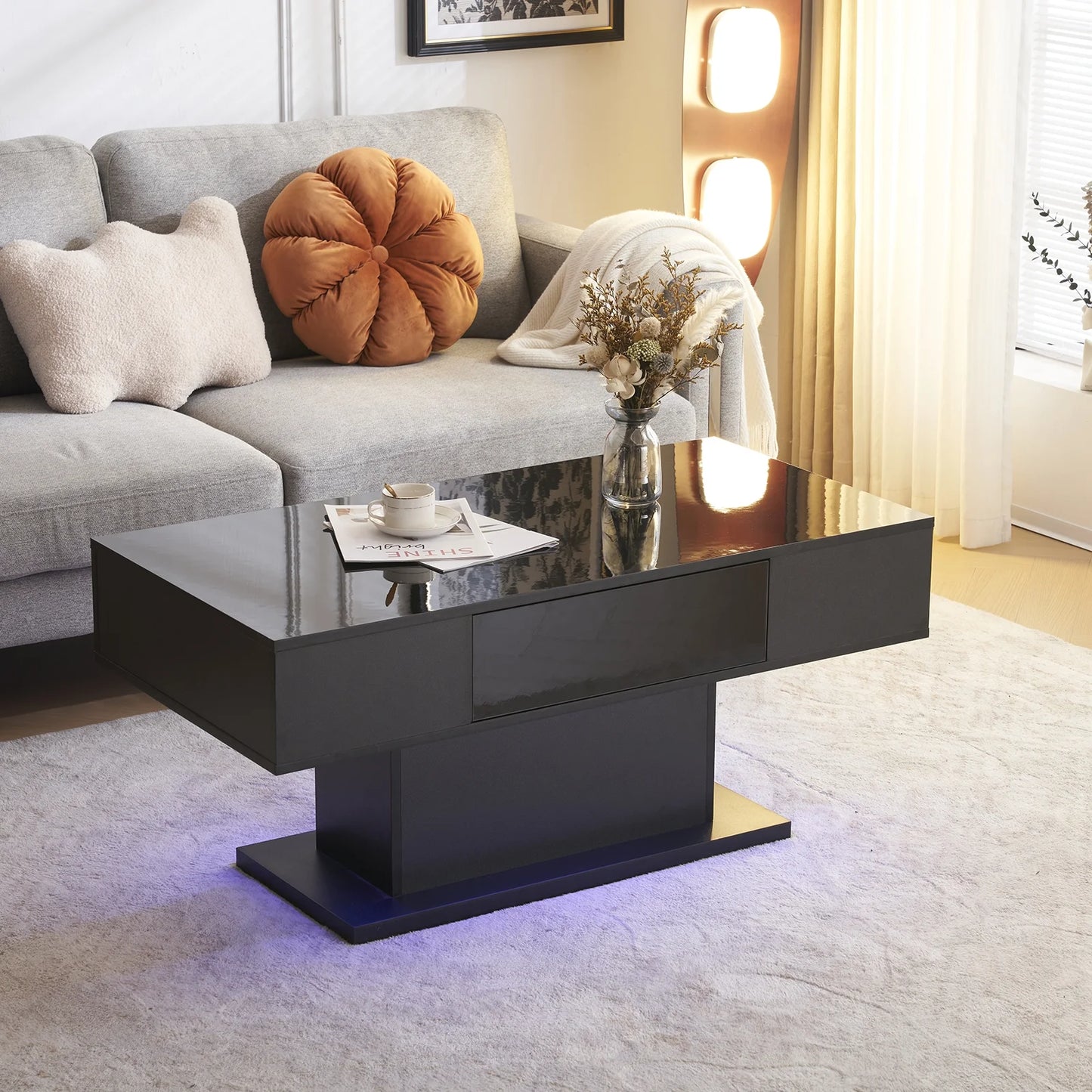 LED Coffee Table with 1 Drawers, High Gloss Cocktail Table Accent Furniture for Living Room 43.3" Black