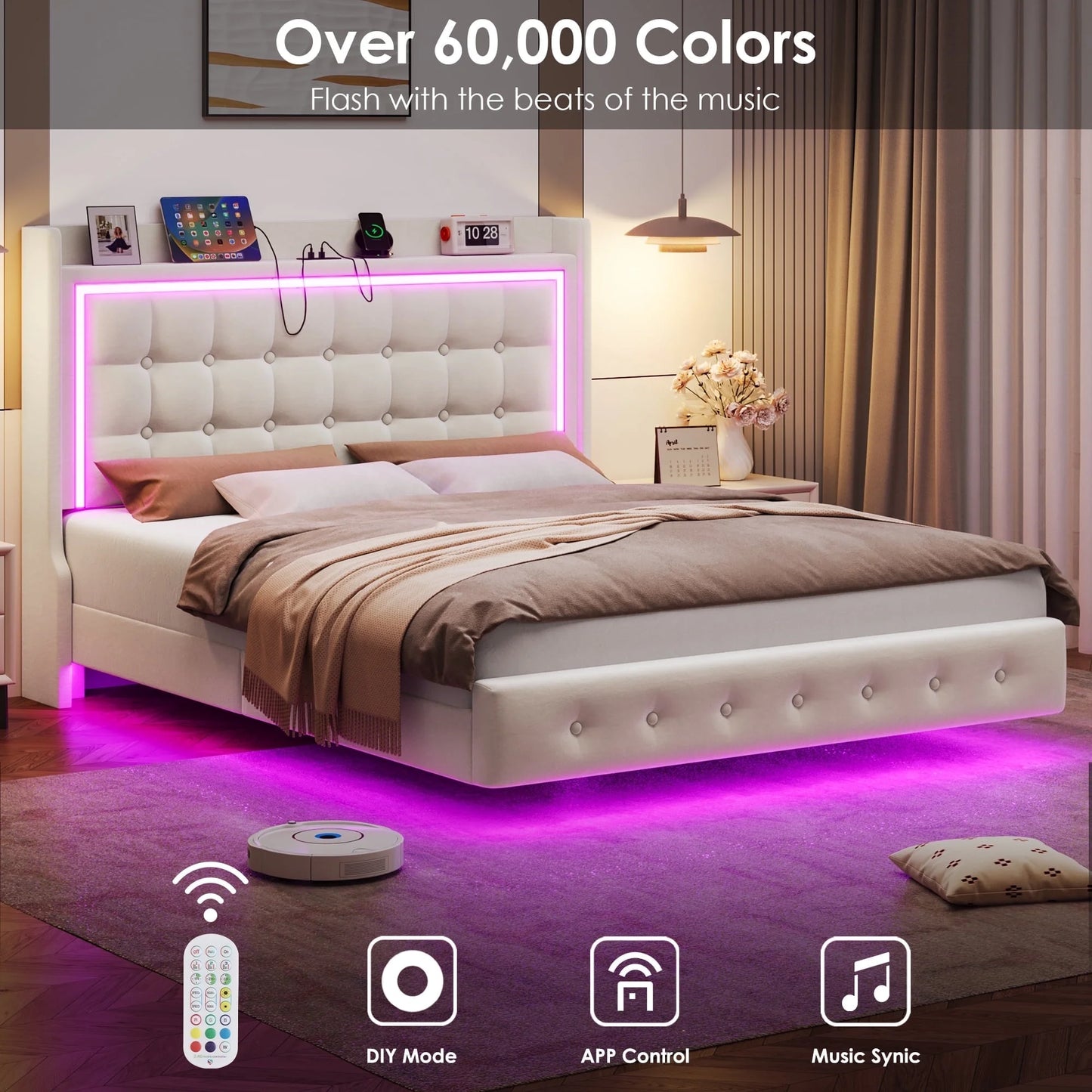 Full Size Floating Bed with RGB LED Lights Charging Station, Velvet Upholstered Platform Bed with Storage Headboard, Off-White