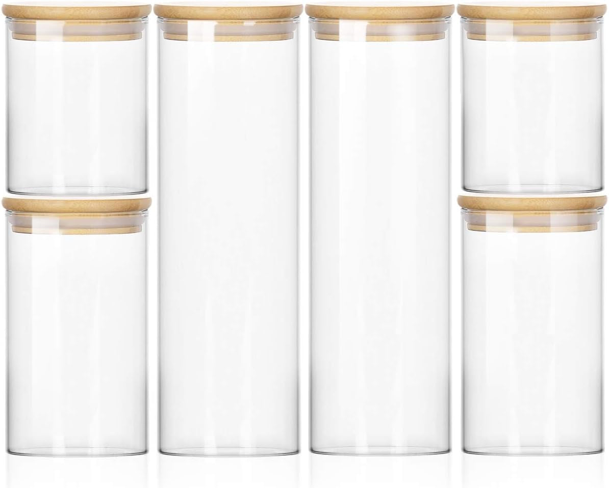 Glass Jars for Food Storage, Airtight Glass Food Canisters for Home and Kitchen, BPA Free Containers with Bamboo Lids for Candy, Rice, Coffee, Tea, Cookie, Sugar, Flour, Pasta, Nuts, 6 Pack