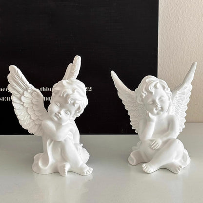 Set of 2 Cherubs Angels Resin Statue Figurine, Indoor Home Decoration, Adorable Angel Sculpture Memorial Statue 4" - White