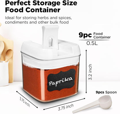 9 PC Airtight Food Storage Containers + 9 Spoons - BPA Free Clear Plastic Snack & Spice Containers with Easy Lock Lids - Kitchen and Pantry Organization for Herbs, Coffee, Tea - 0.5L / 2.1 Cups